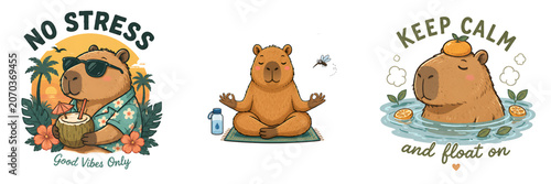 Set of 3 cute summer capybara illustrations for stickers, social media, greeting cards, posters, packaging and product design.