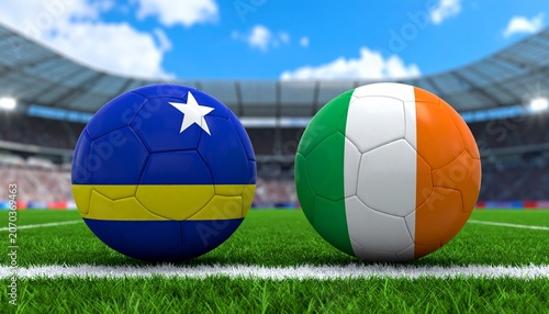 Two soccer balls in flags colors on a stadium blurred background. Curacao vs Ivory Coast 3D image.