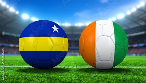 Two soccer balls in flags colors on a stadium blurred background. Curacao vs Ivory Coast 3D image.