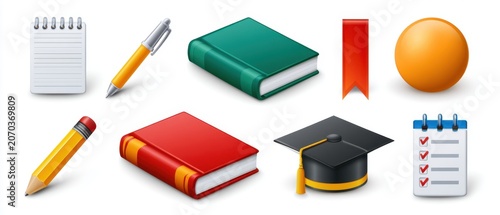 Study essentials icon set featuring notebooks pens and textbooks in creative learning environment