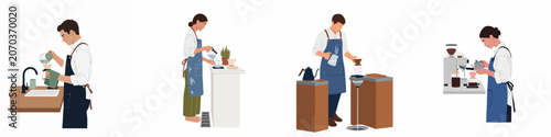 Bild auf Leinwand Set of flat illustrations featuring professional baristas preparing specialty coffee using various brewing methods like pour-over and espresso machine