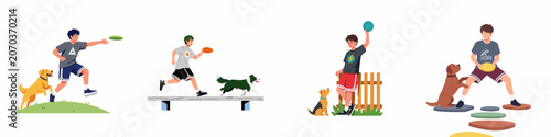 Collection of flat vector illustrations depicting young men playing with their dogs using flying discs in various outdoor park settings.