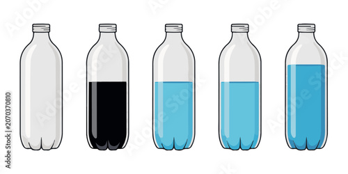 Tableau sur toile Set of plastic water bottles with various liquid levels represented as colored flat vector illustrations