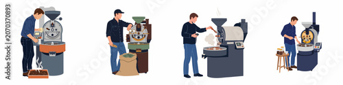Foto Vector illustration of professional male coffee roasters operating industrial roasting machines, showing various stages of the coffee bean roasting process on white background