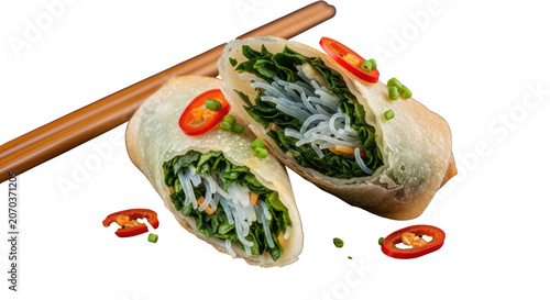 Delicious spring rolls with fresh greens and chili accompanied by chopsticks ready to eat transparent background black background