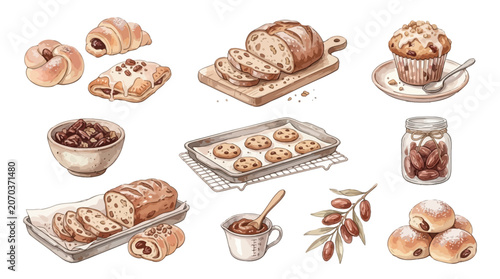 A collection of hand-drawn illustrations featuring various baked goods like bread, croissants, muffins, cookies, and ingredients such as dates and chocolate.