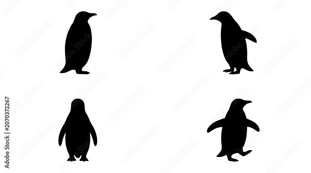 Fototapeta premium Penguins Standing in Different Poses as Black Silhouettes Featuring Penguin, Silhouette, Pose with Animal and Wildlife Elements