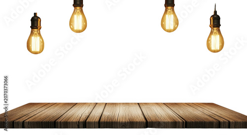 Warmly lit wooden table surface with hanging incandescent light bulbs overhead transparent background black background
