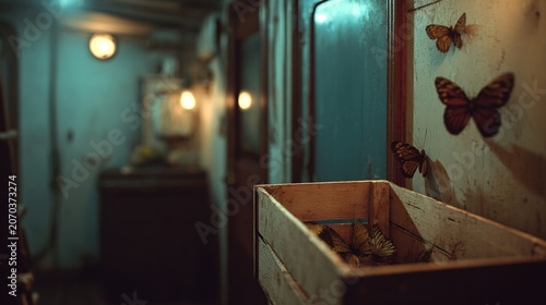 ajar. Dimly lit ship cabin with a wooden crate ajar, revealing rare butterfly specimens inside. wildlife magazines, conservation campaigns, designed for wildlife conservation campaigns.