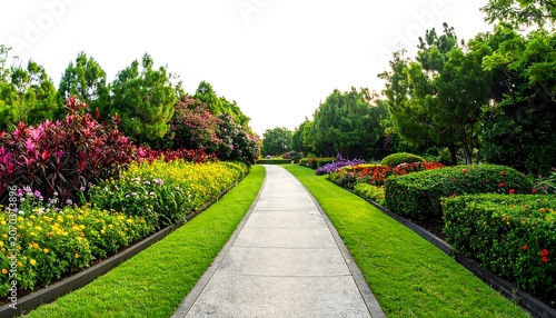 A stone pathway leads through a vibrant garden with colorful flowerbeds and manicured greenery under a bright sky