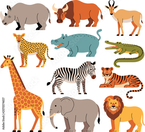 Photography African safari wild animals set including lion elephant giraffe tiger and zebra,