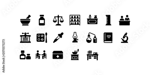 Tableau sur toile Icon set collection of pharmacy, laboratory, and scientific research equipment symbols for healthcare, medicine, and pharmaceutical industry visual projects