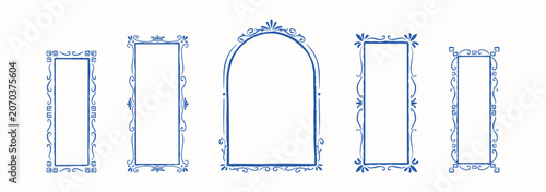 Set of whimsical blue watercolor mediterranean rectangle and arch shape hand drawn doodle frame for wedding invitation, birthday cad, tavern menu. Italian, French Baroque victorian style sketch border