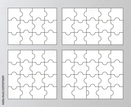 Puzzles set business chain infographic. Jigsaw infographics with 4 templates. Puzzle grid. Process diagram presentation. Business info graphic with steps, parts. Vector illustration 