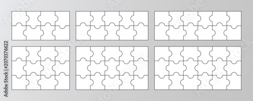 Process diagram presentation. 6 puzzles infographics collection. Jigsaw set with different sizes. Puzzle grid business chain infographic. Business info graphic with steps, parts. Vector illustration