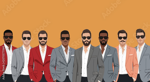 Group of stylish men in suits and sunglasses