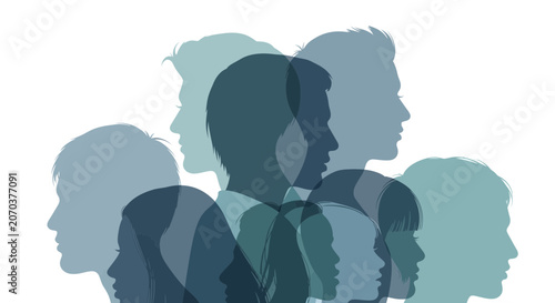 Silhouettes of diverse people faces overlapping