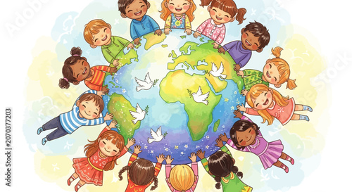 Diverse children holding hands around the globe