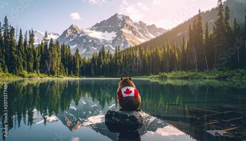 Canadian beaver draped in flag beside lake and snowy mountains