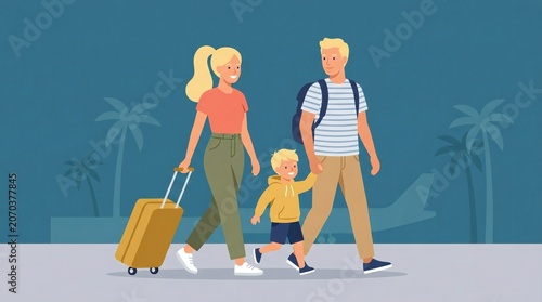 Family walking with luggage to airport.