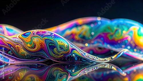 Dynamic Abstract Iridescent Waves with Vibrant Spectrum Colors, Fluid Texture, and Reflections on a Dark Surface