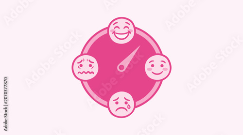 Фотография A pink clock with four emoticon faces on a light pink background