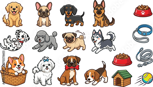 Obraz na płótnie Cute dog character collection with different puppy breeds pet accessories and ca