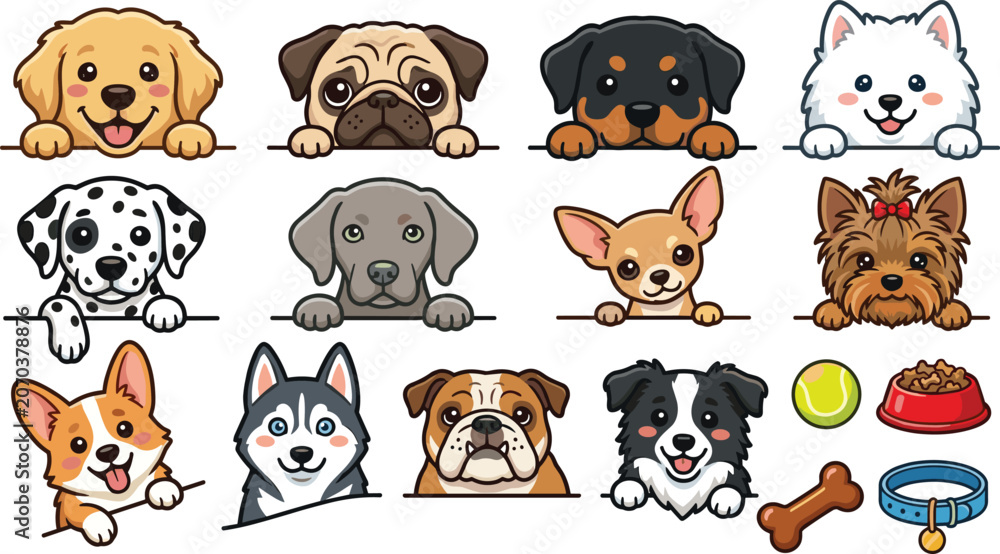 Obraz premium Cute dog face collection with puppy breed portraits pet accessories and cartoon canine vector illustrations
