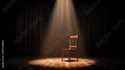 A lone wooden chair sitting center stage under a single blazing spotlight, chair in the dark, chair in the dark room, chair on the stage