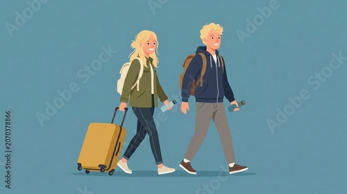 Couple walking with luggage traveling together.