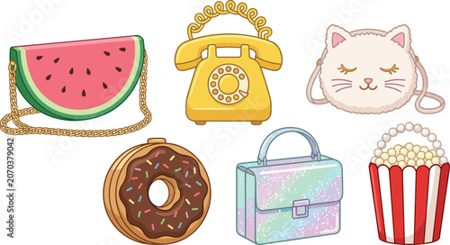 Tableau sur toile Cute novelty handbag collection with watermelon purse donut bag cat pouch retro
