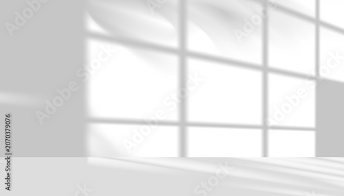 Background White Wall with Shadow Texture. Minimal Studio Room Grey Stage Podium. Empty Grey Background with Light on Concrete Floor for Cosmetic Product