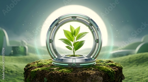 Young green plant growing inside a futuristic metallic sphere with solar panels, symbolizing sustainable future and advanced agriculture.