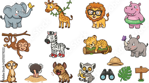 Photography Cute safari animal character collection with cartoon jungle wildlife mascots and