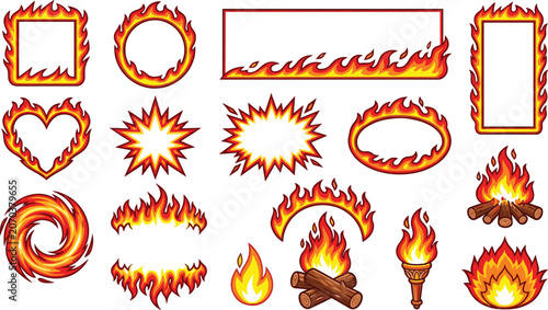Tableau sur toile Fire frame and flame effect collection with burning borders blazing elements cam