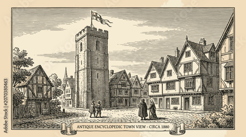 Town square features medieval timber-framed houses and a stone tower in this detailed nineteenth century architectural print.