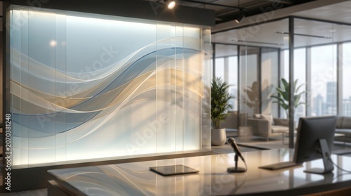 Modern Office Design, Workspace, Urban Setting, Interior Photo, Contemporary Style, Bright Environment, Professional Concept