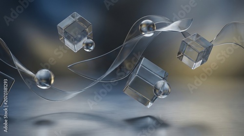 Dynamic Abstract Composition of Glass Cubes and Spheres in Motion for Modern Art Display
