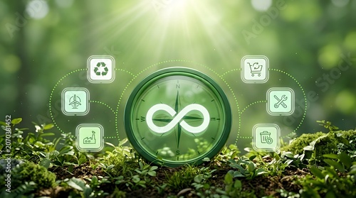 Circular economy compass with sustainability icons, representing a responsible ecological approach for a greener future.