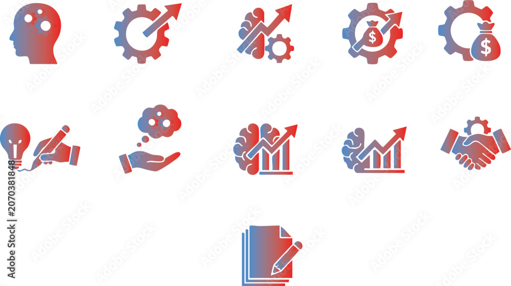 Fototapeta premium Business growth icon set, financial progress gradient vector elements, brain strategy chart symbols, handshake deal gear graphics, creative idea development icons,