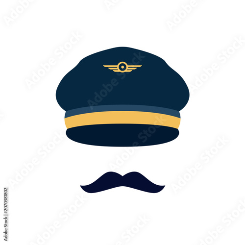 Pilot cap and mustache suggesting aviation theme, minimalist style.