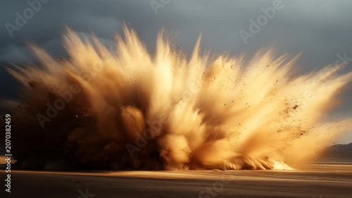 Dramatic explosion of dust and debris in a barren landscape under dark stormy skies. Captures the raw power of nature and the impact of environmental forces