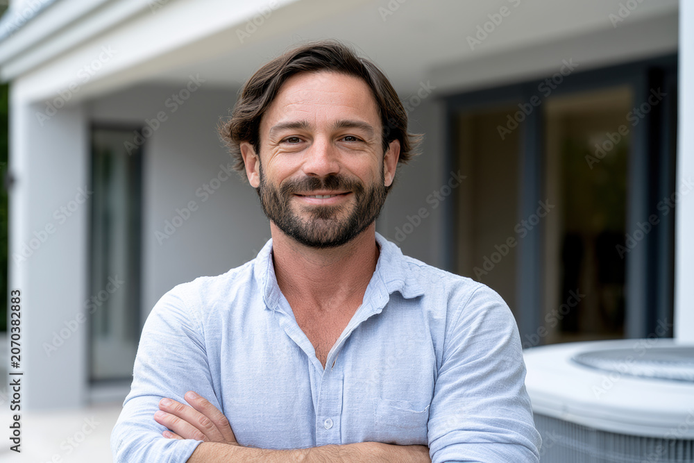 Naklejka premium Confident man with beard casual shirt arms crossed standing outdoors modern house background smiling adult natural light