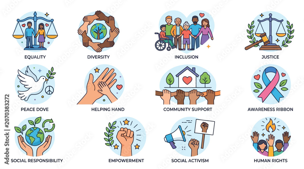 Fototapeta premium Vector icons set representing human rights, social justice, diversity, and community support concepts in colorful line art style