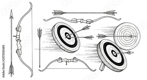Archery equipment set with bows arrows and targets in various positions.