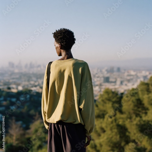 Young man back view overlooking city skyline on a hill at golden hour for lifestyle background and banner design
