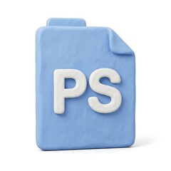 3D claymorphism light blue file document icon with white letters PS on white background