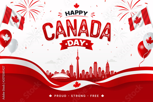 Happy Canada Day background with flag, balloon, city skylines. vector illustration
