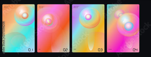 Abstract gradient backgrounds, colorful iridescent textures, holographic effects, vibrant neon hues, 4 background templates