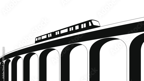 Minimalist Black and White Vector Illustration of an Elevated Train Riding on an Urban Viaduct Bridge